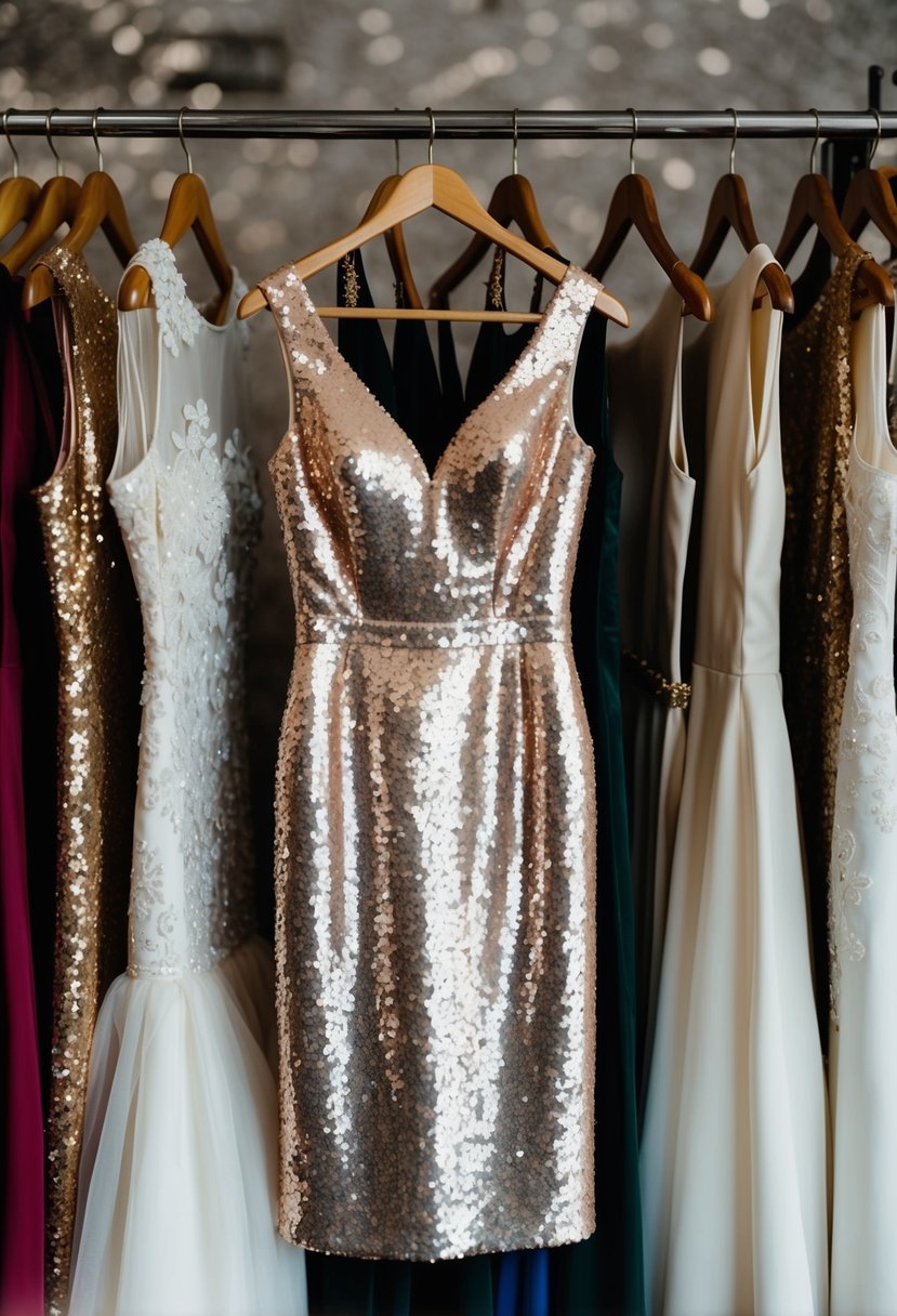 A sequined sheath dress hangs on a vintage clothing rack, surrounded by other 90s short wedding dress options