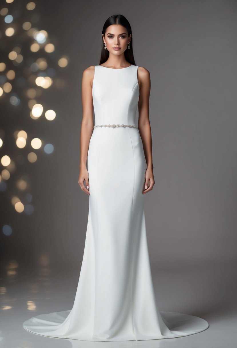 A sleek, floor-length gown in a simple, modern design. Clean lines and minimal embellishments create an elegant and sophisticated look