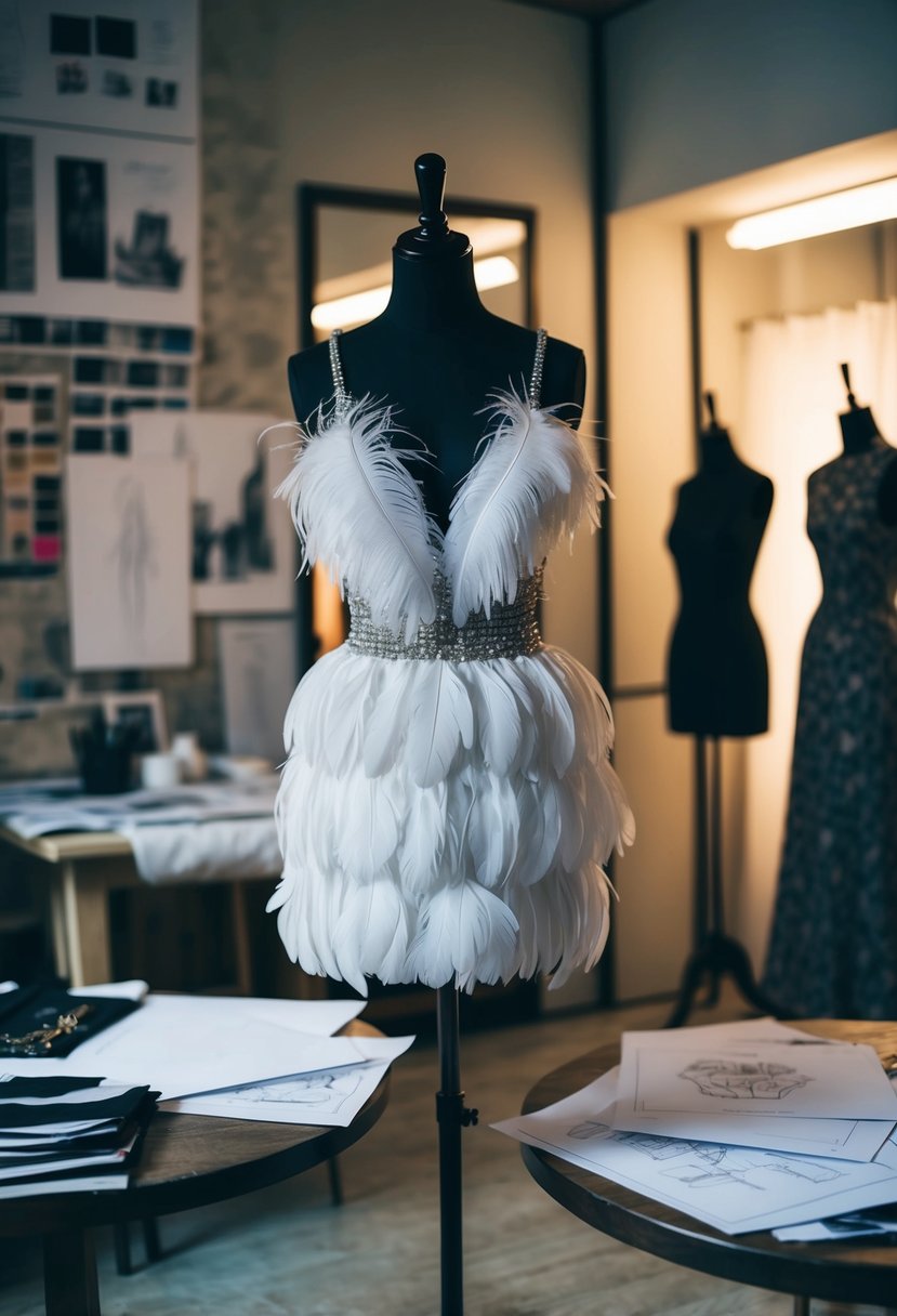 A feather-adorned mini dress hangs on a mannequin in a dimly lit atelier, surrounded by sketches and fabric swatches