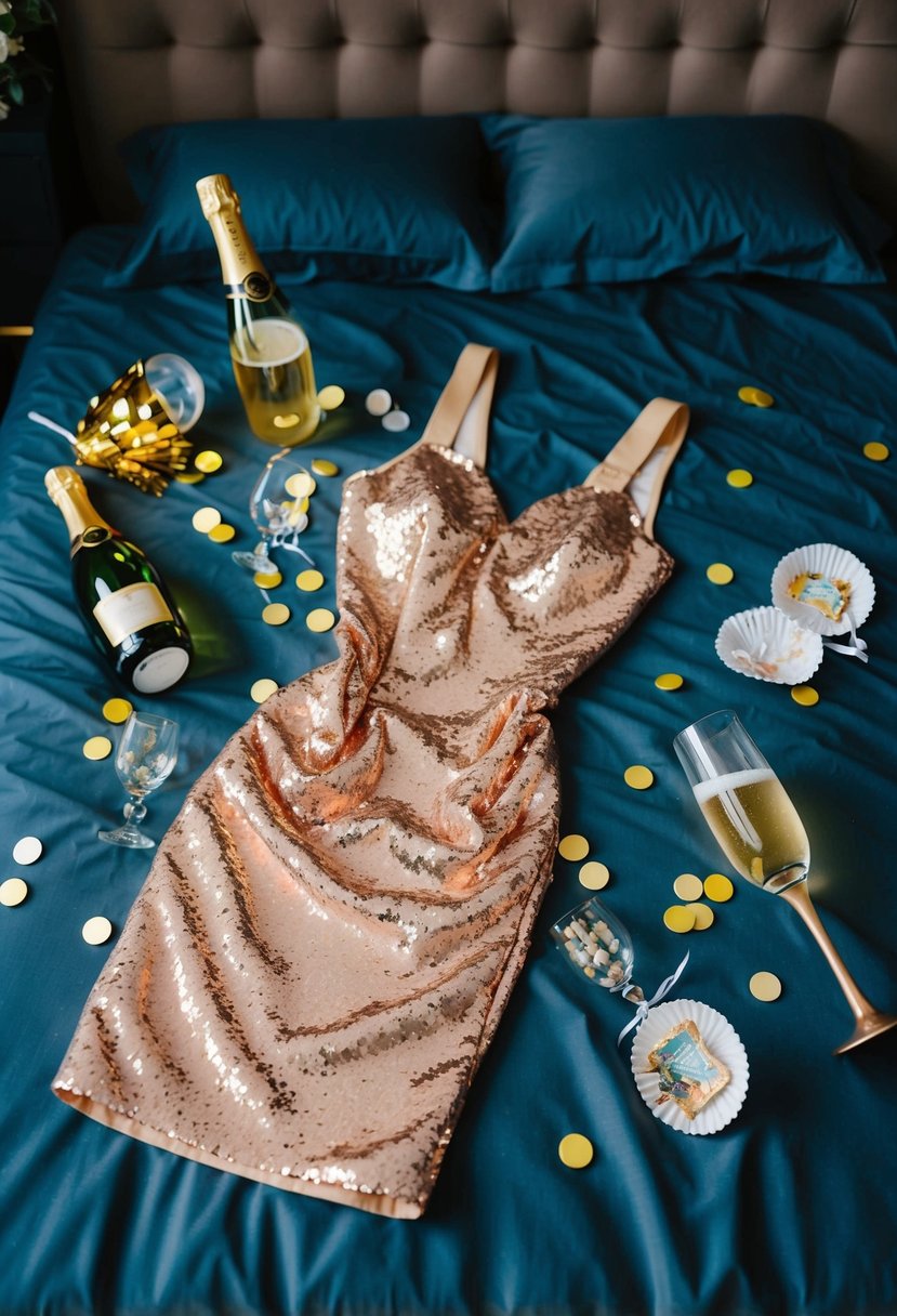 A sequined bodycon dress lies on a bed, surrounded by discarded party favors and empty champagne glasses