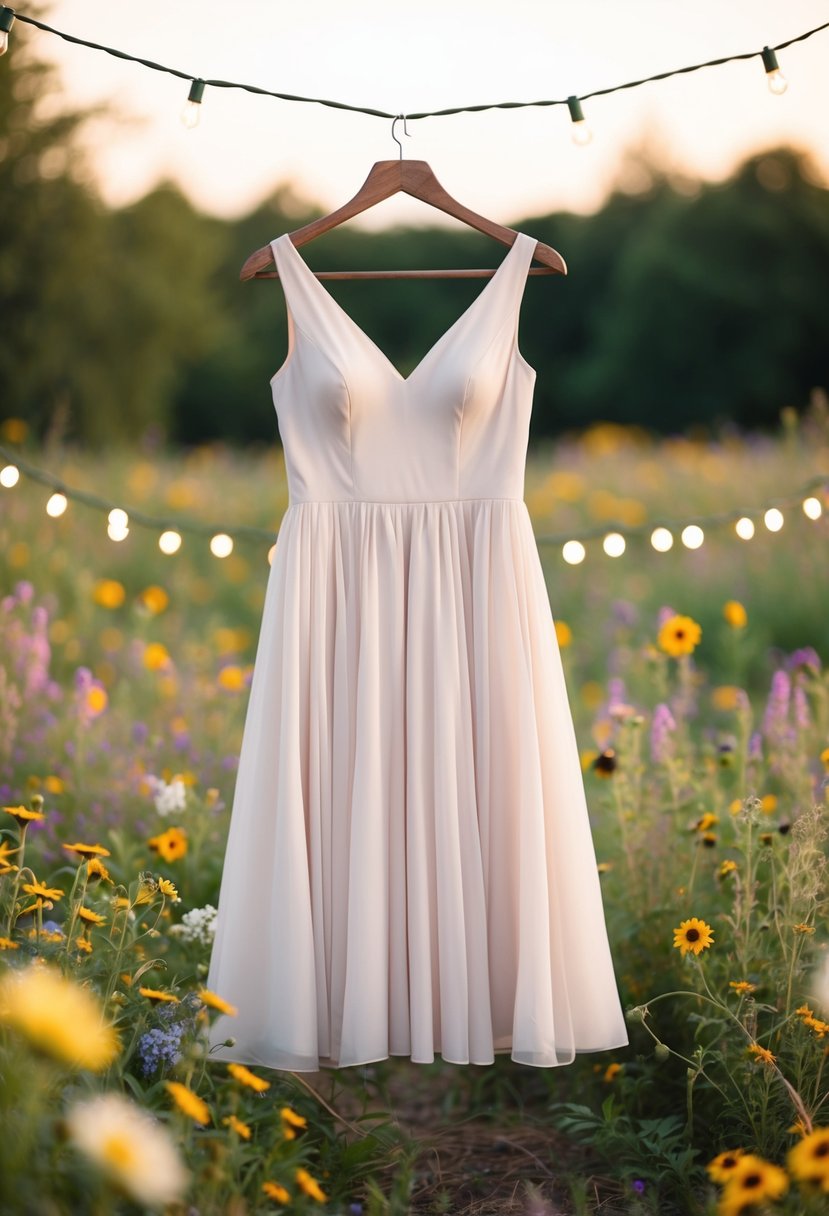 A flowy, knee-length dress hangs on a rustic wooden hanger, surrounded by wildflowers and twinkling fairy lights