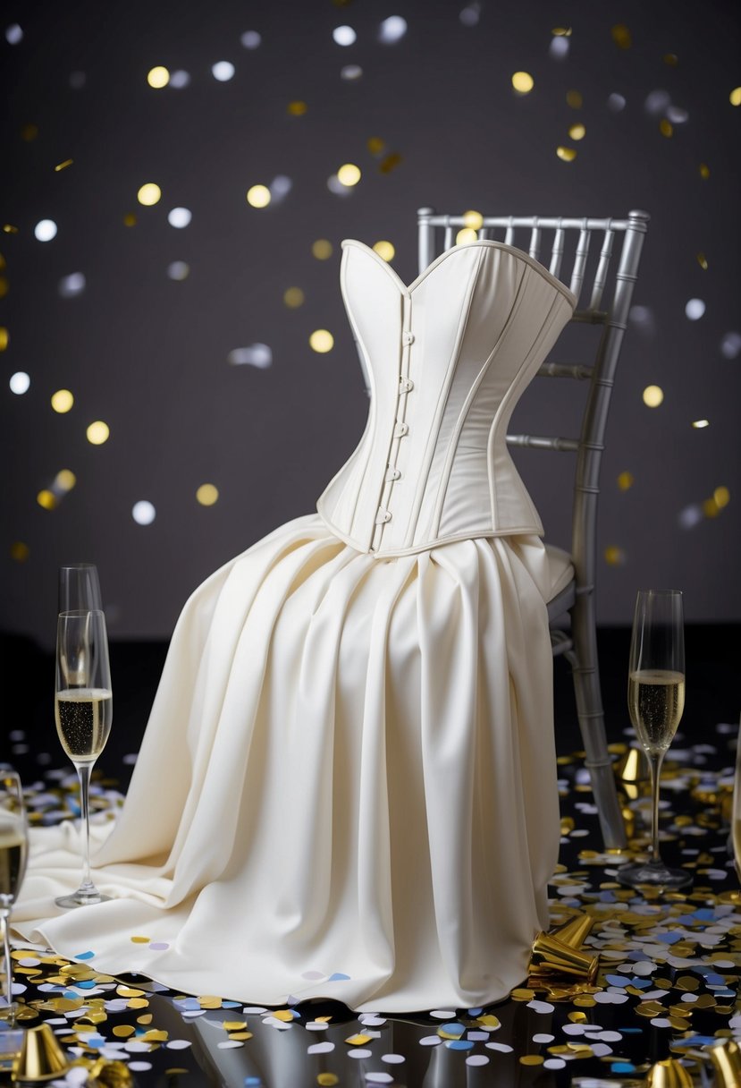 A corset-style cocktail dress draped over a chair, surrounded by scattered confetti and empty champagne glasses