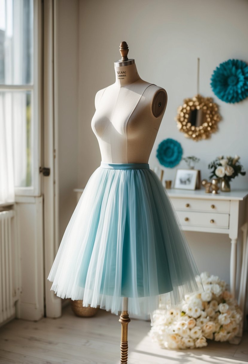 A tulle skirt mini dress hangs on a vintage mannequin in a sunlit room, surrounded by 90s wedding inspiration