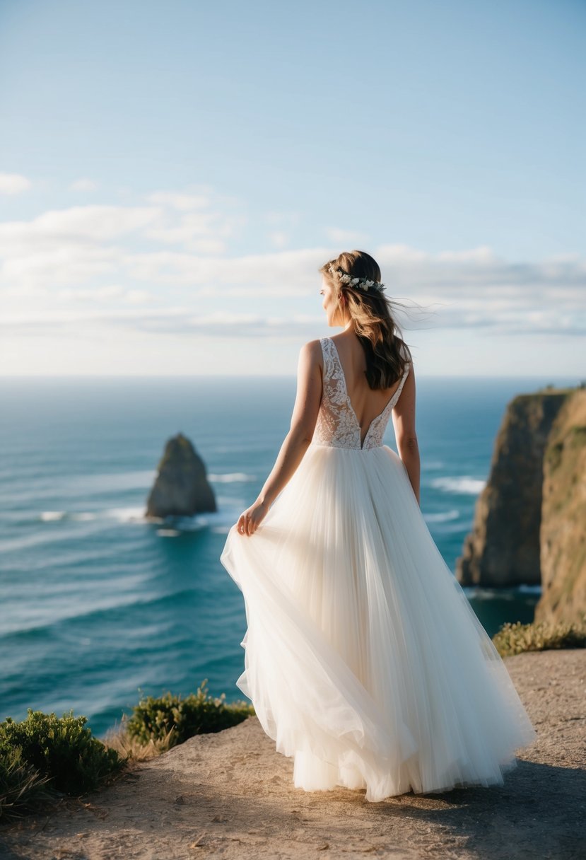 A bride stands on a cliff overlooking the ocean, her flowy tulle skirt billowing in the wind as she elopes with her partner