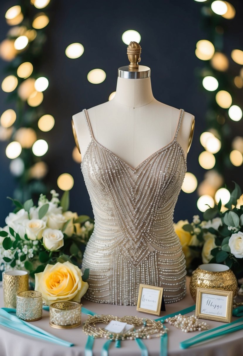 A mannequin wearing a beaded bodycon dress, surrounded by 90s-inspired wedding decor and accessories