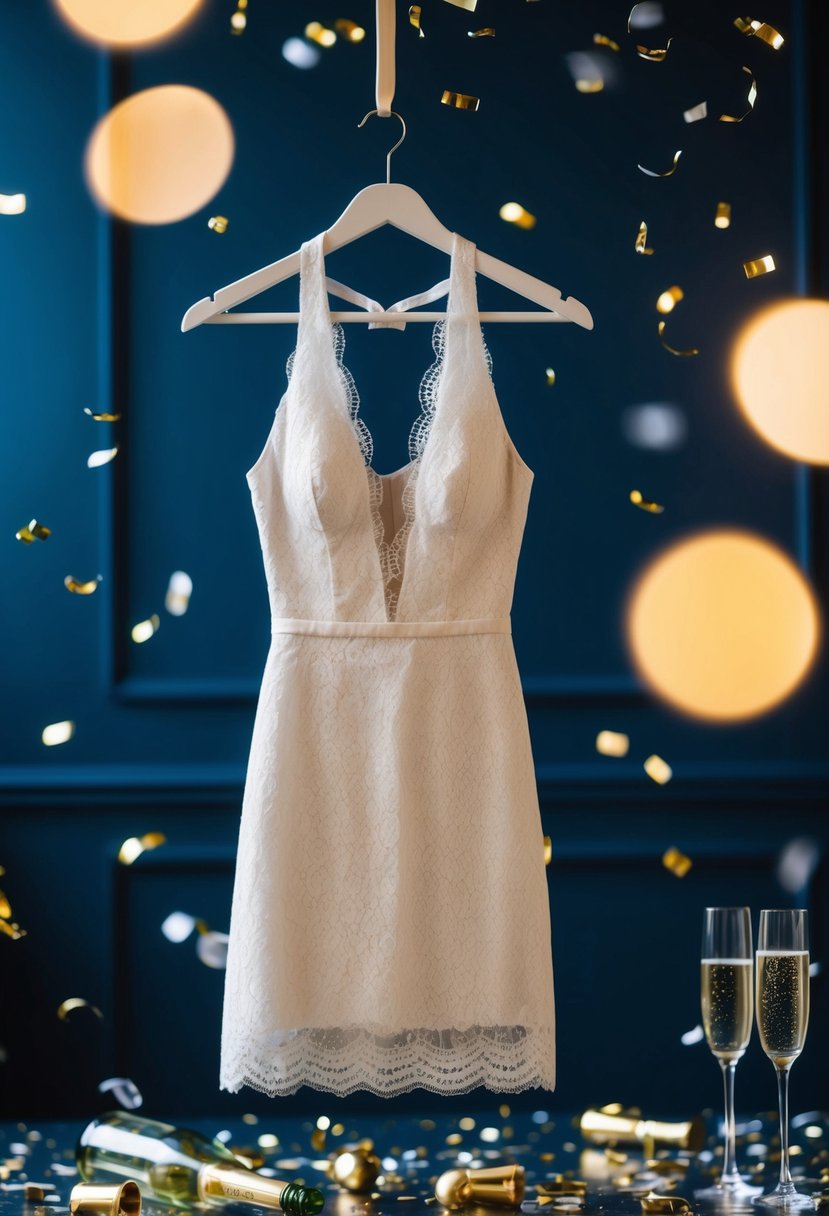 A lace halter mini dress hangs on a hanger in a dimly lit room, surrounded by scattered confetti and empty champagne glasses