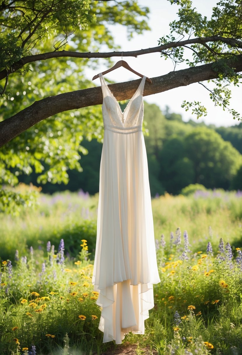 A flowing, bohemian-inspired maxi wedding dress hangs from a tree branch in a lush forest clearing, surrounded by wildflowers and dappled sunlight