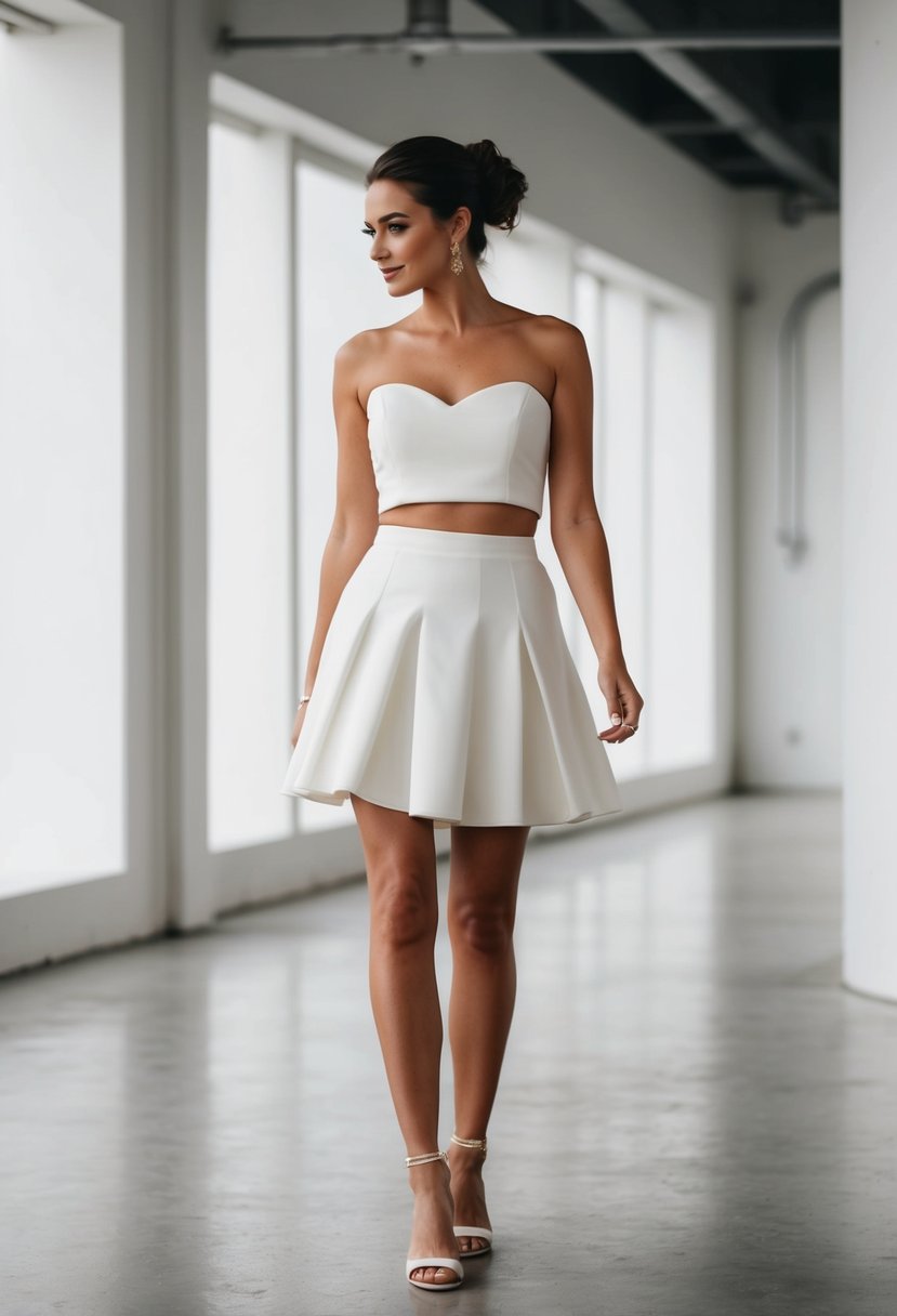 A bride in a modern 90s-inspired two-piece wedding dress, with a short skirt and crop top, standing in a minimalist, industrial wedding venue