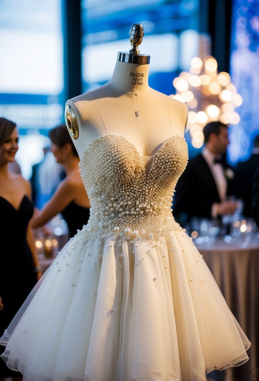 A short wedding dress adorned with pearl embellishments, displayed on a mannequin at a glamorous after-party