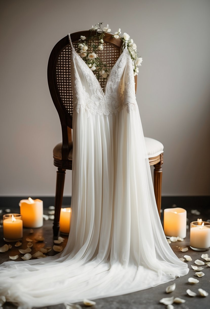 A delicate slip wedding dress draped over a vintage chair, surrounded by soft candlelight and scattered rose petals