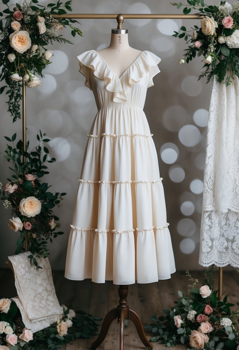 A tiered ruffle dress hangs on a vintage mannequin, surrounded by floral arrangements and lace fabric swatches