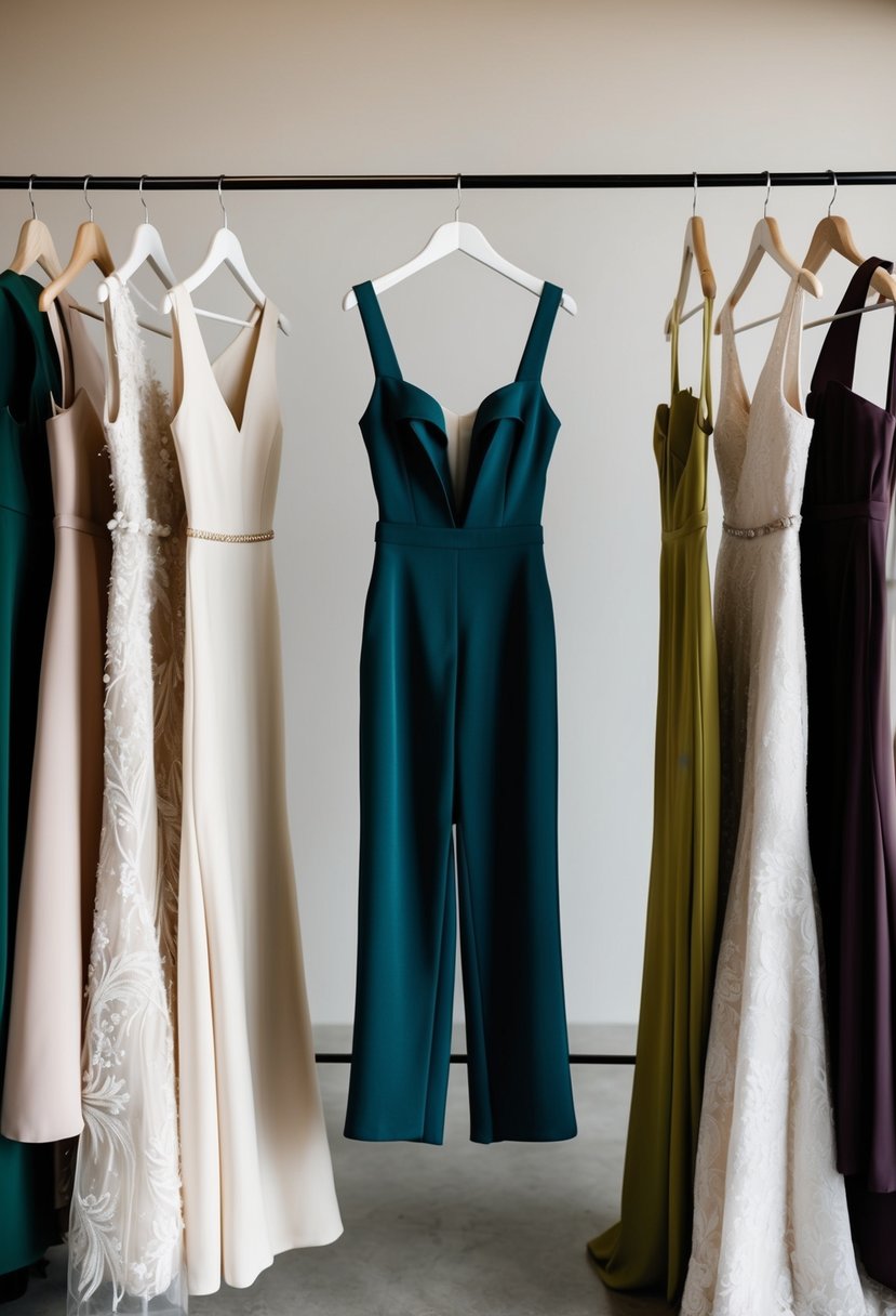 A sleek, modern jumpsuit hangs on a minimalist rack, surrounded by elegant party short wedding dress designs