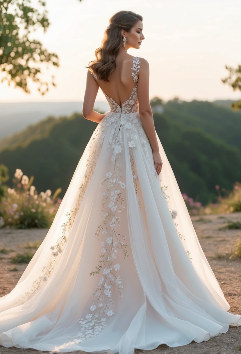 A flowing wedding dress with delicate floral embroidery cascading down the skirt and bodice, set against a serene outdoor elopement backdrop