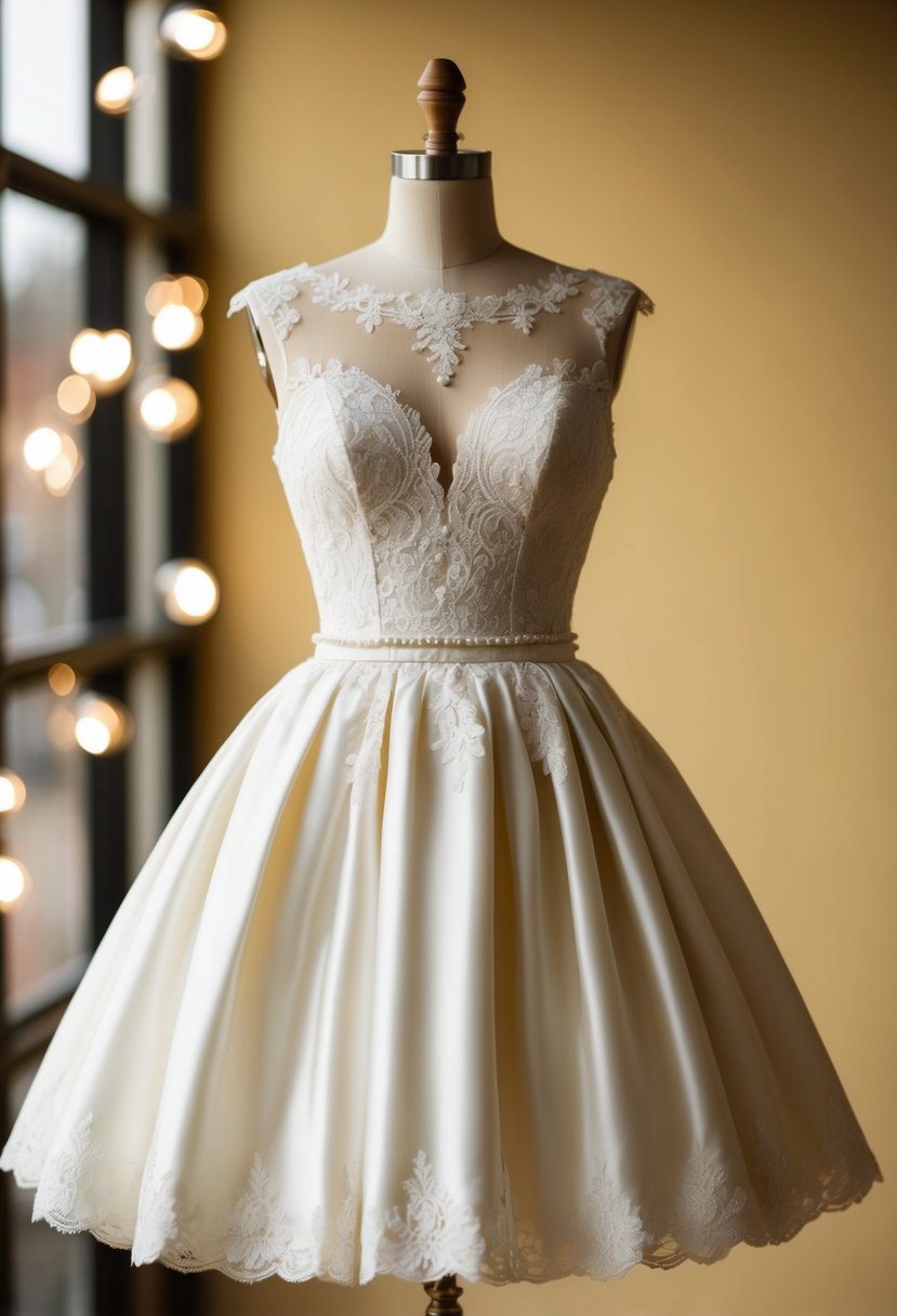 A vintage 90s-style short wedding dress with an illusion neckline, delicate lace details, and a flared skirt