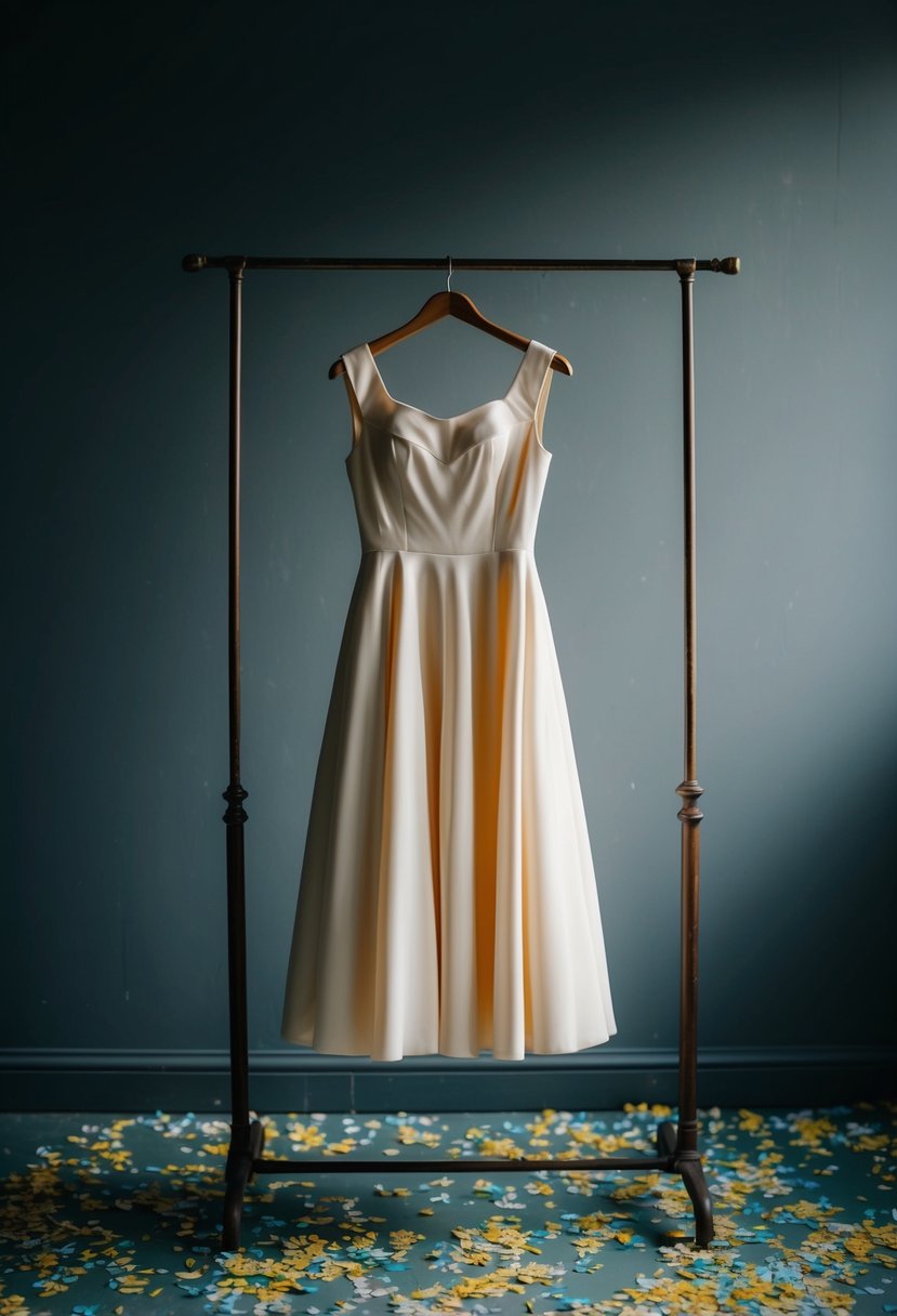 A-line tea dress hanging on a vintage coat rack in a dimly lit room with scattered confetti on the floor