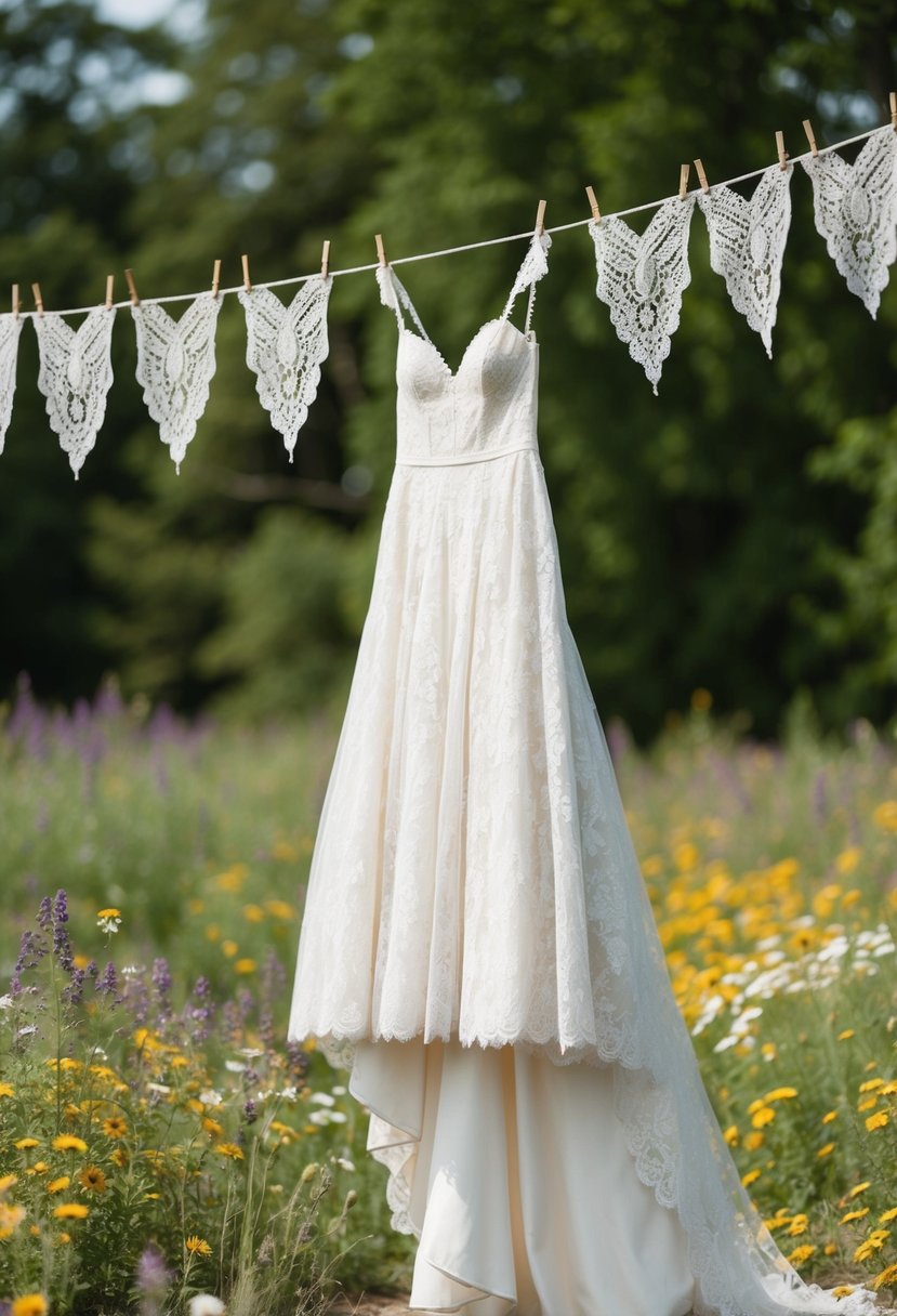 A flowing lace wedding dress hangs from a vintage clothesline, surrounded by wildflowers and delicate lace accents