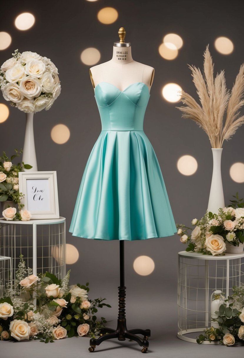 A chic A-line mini dress displayed on a vintage mannequin, surrounded by 90s-inspired wedding decor and accessories