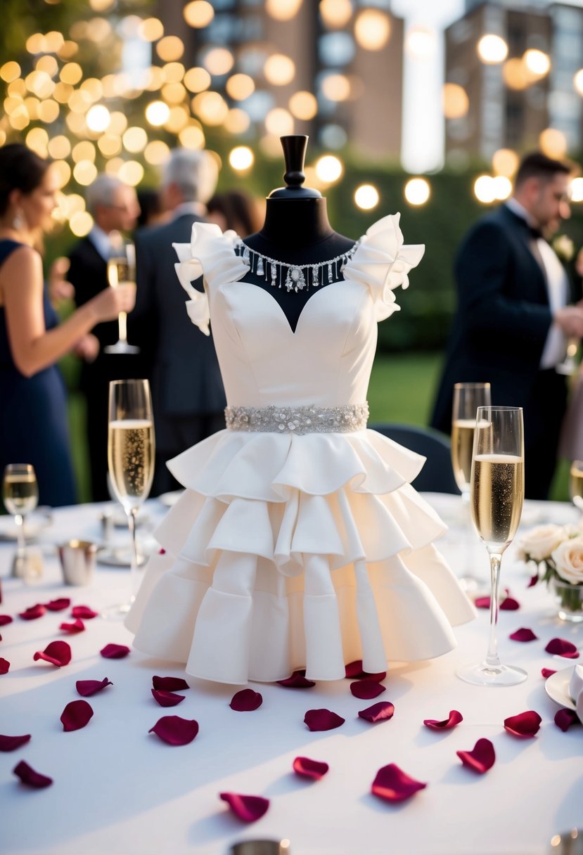 A flirty mini wedding dress with ruffles, scattered rose petals, and champagne glasses on a table at a post-wedding party