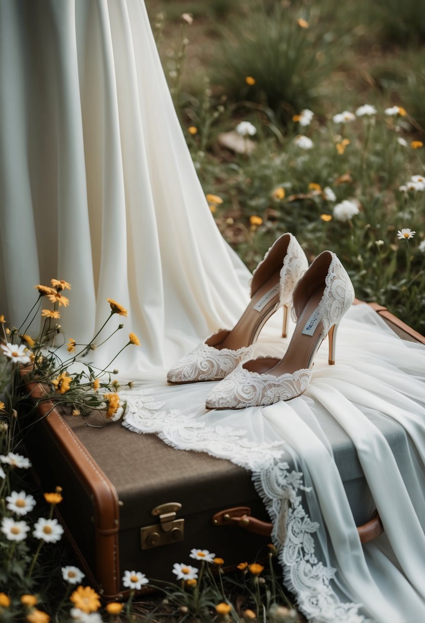 A flowing, lace-trimmed wedding gown draped over a vintage suitcase, surrounded by wildflowers and a pair of delicate lace-up heels