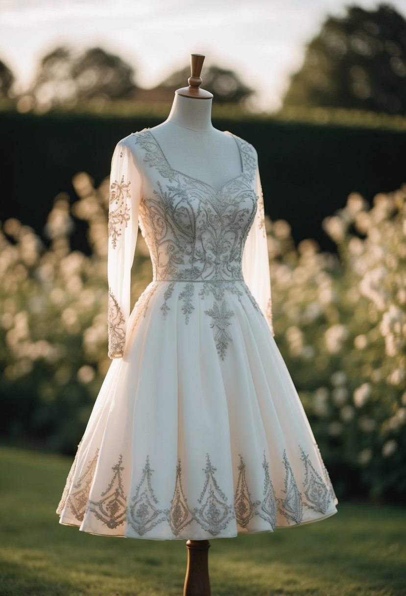 A vintage 90s-style wedding dress with intricate embroidery, featuring a long sleeve and a short hemline