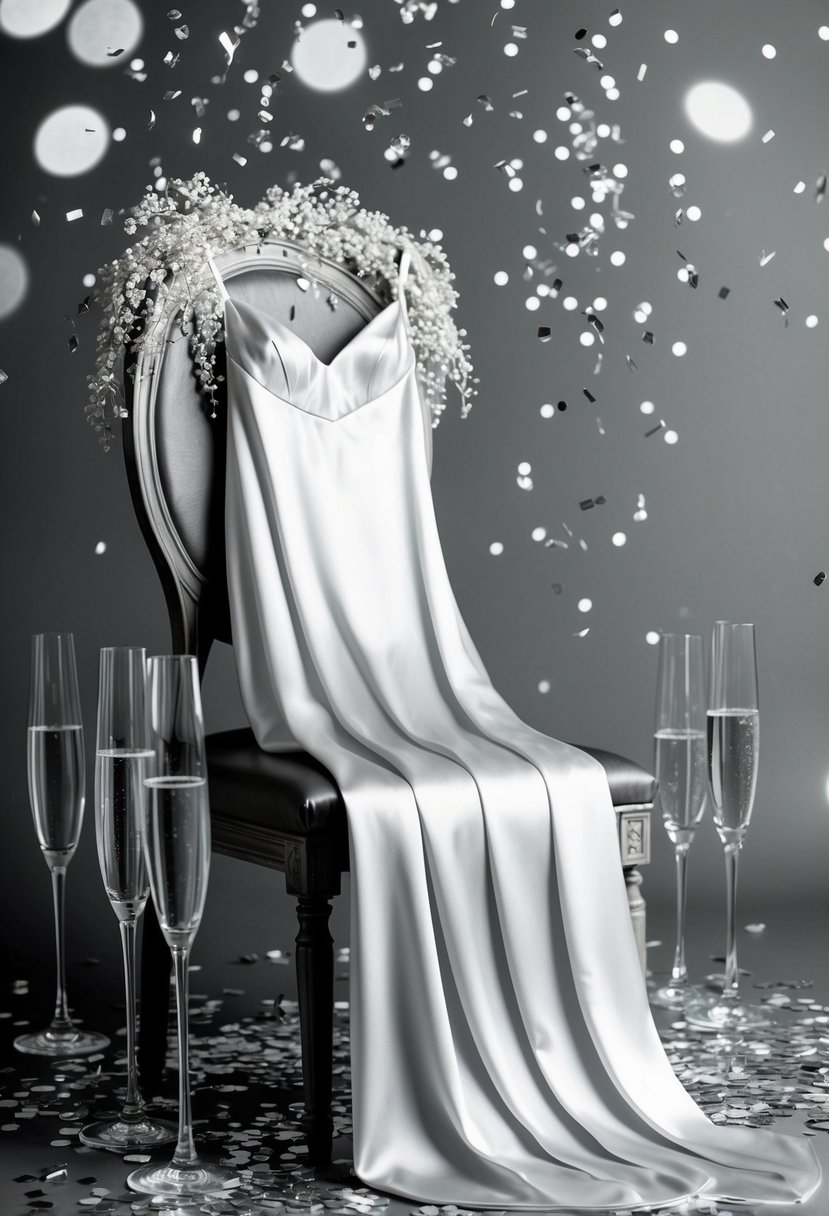 A satin slip dress draped over a chair, surrounded by empty champagne glasses and scattered confetti