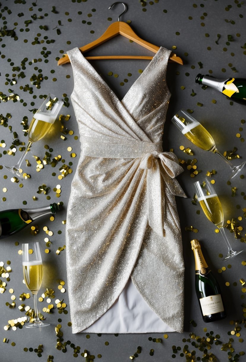 A sparkling wrap dress hangs on a hanger, surrounded by discarded champagne glasses and confetti on the floor