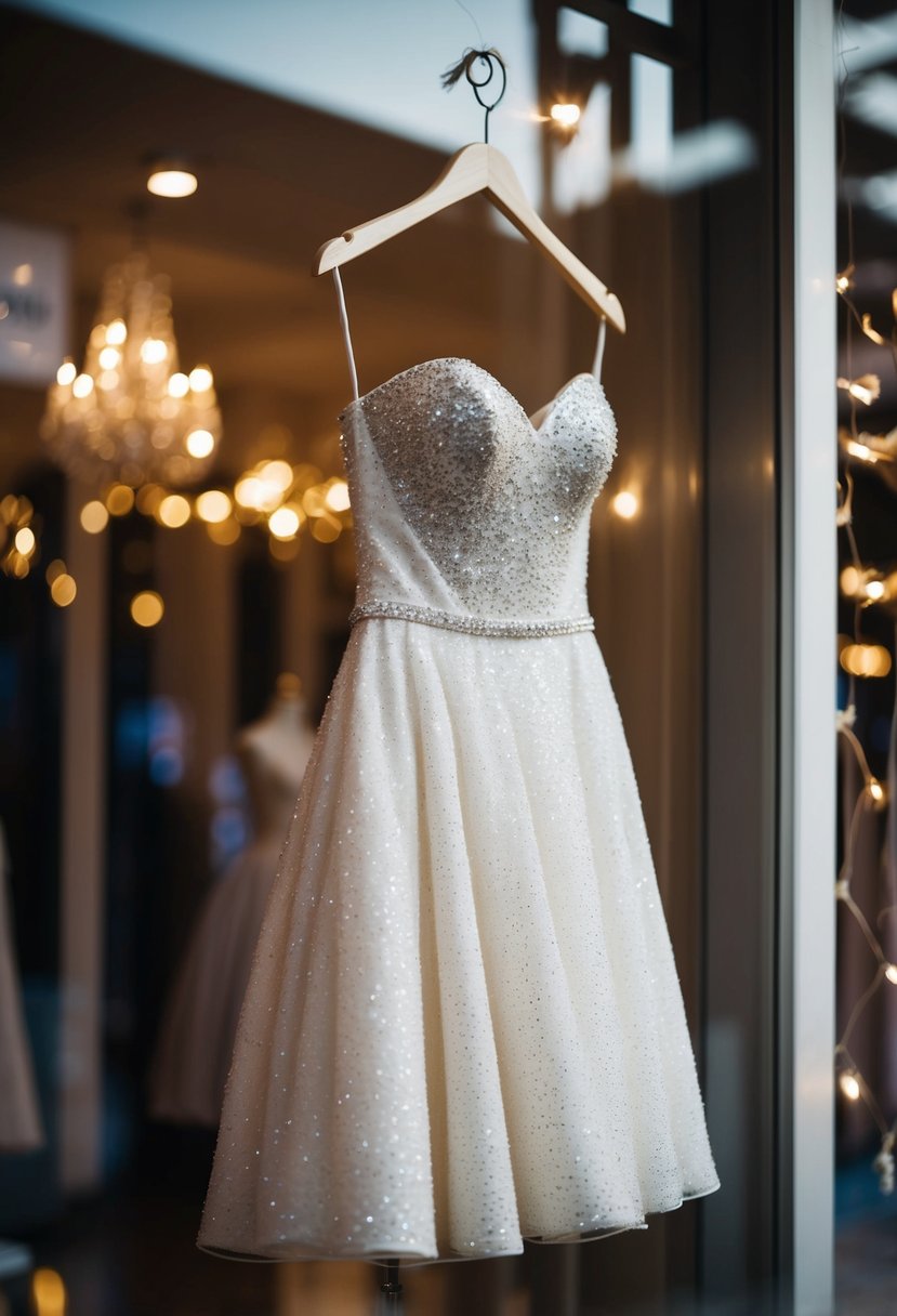 A sparkly strapless mini wedding dress hangs on a mannequin in a dimly lit boutique window, catching the light and shimmering as it sways gently in the breeze