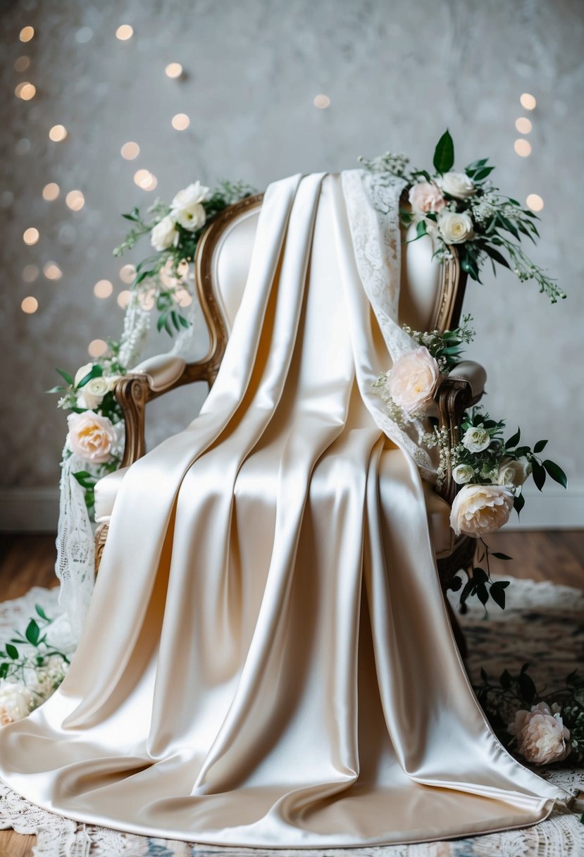 A flowing silk satin gown drapes over a vintage chair, surrounded by delicate lace and floral accents