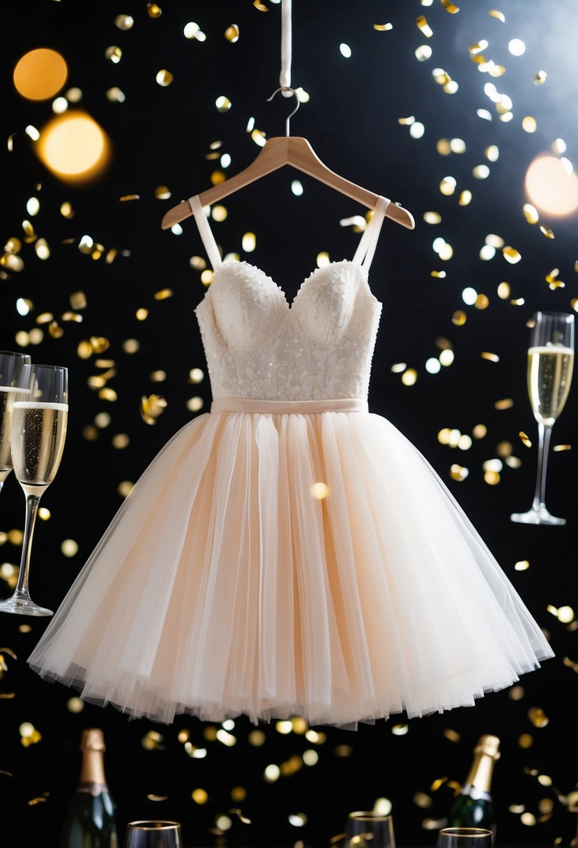 A tulle skirt mini dress hangs on a hanger, surrounded by scattered confetti and empty champagne glasses from a lively wedding after-party