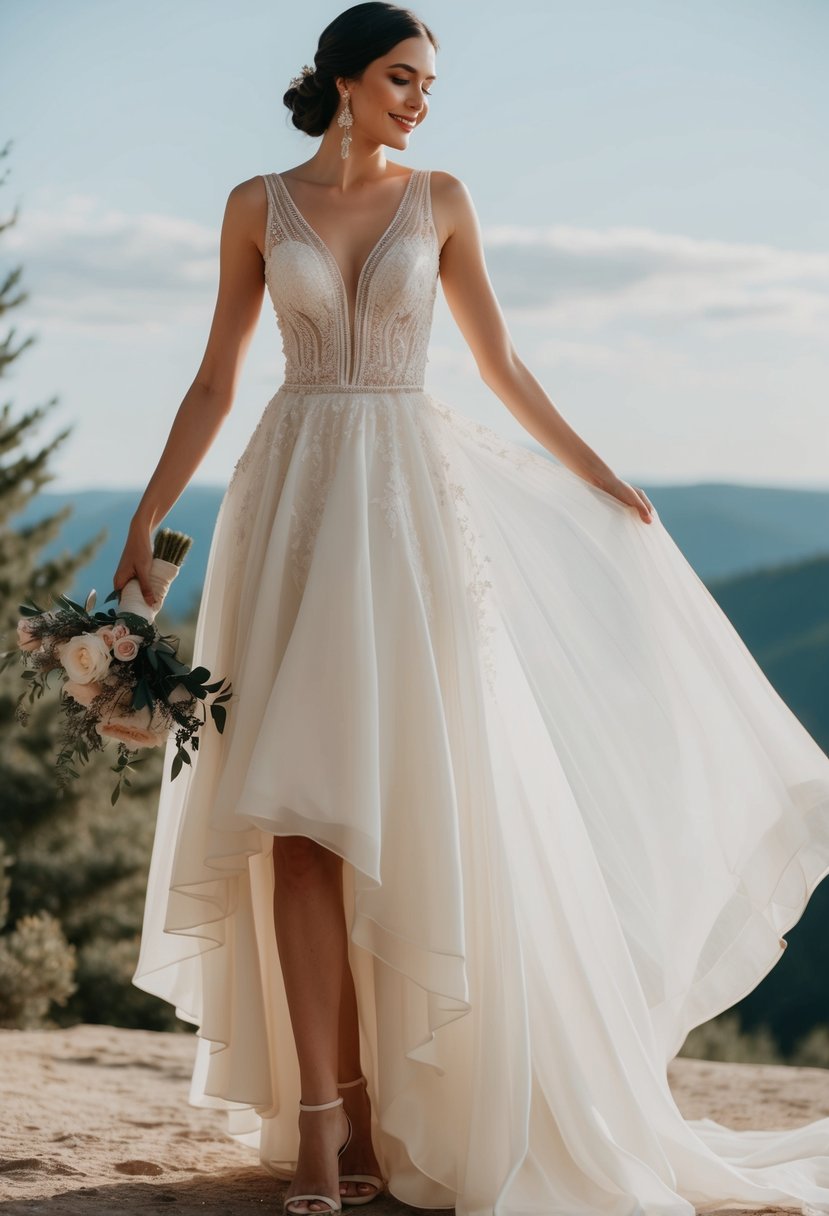 A flowing wedding dress with a high-low hemline, adorned with delicate lace and intricate beading, set against a romantic backdrop of a secluded elopement location