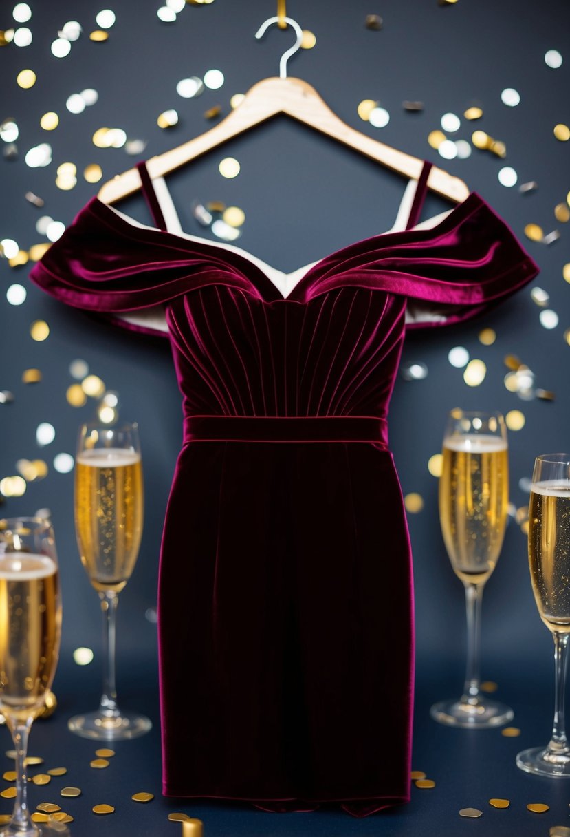 A velvet off-shoulder dress hangs on a hanger, surrounded by sparkling confetti and champagne glasses