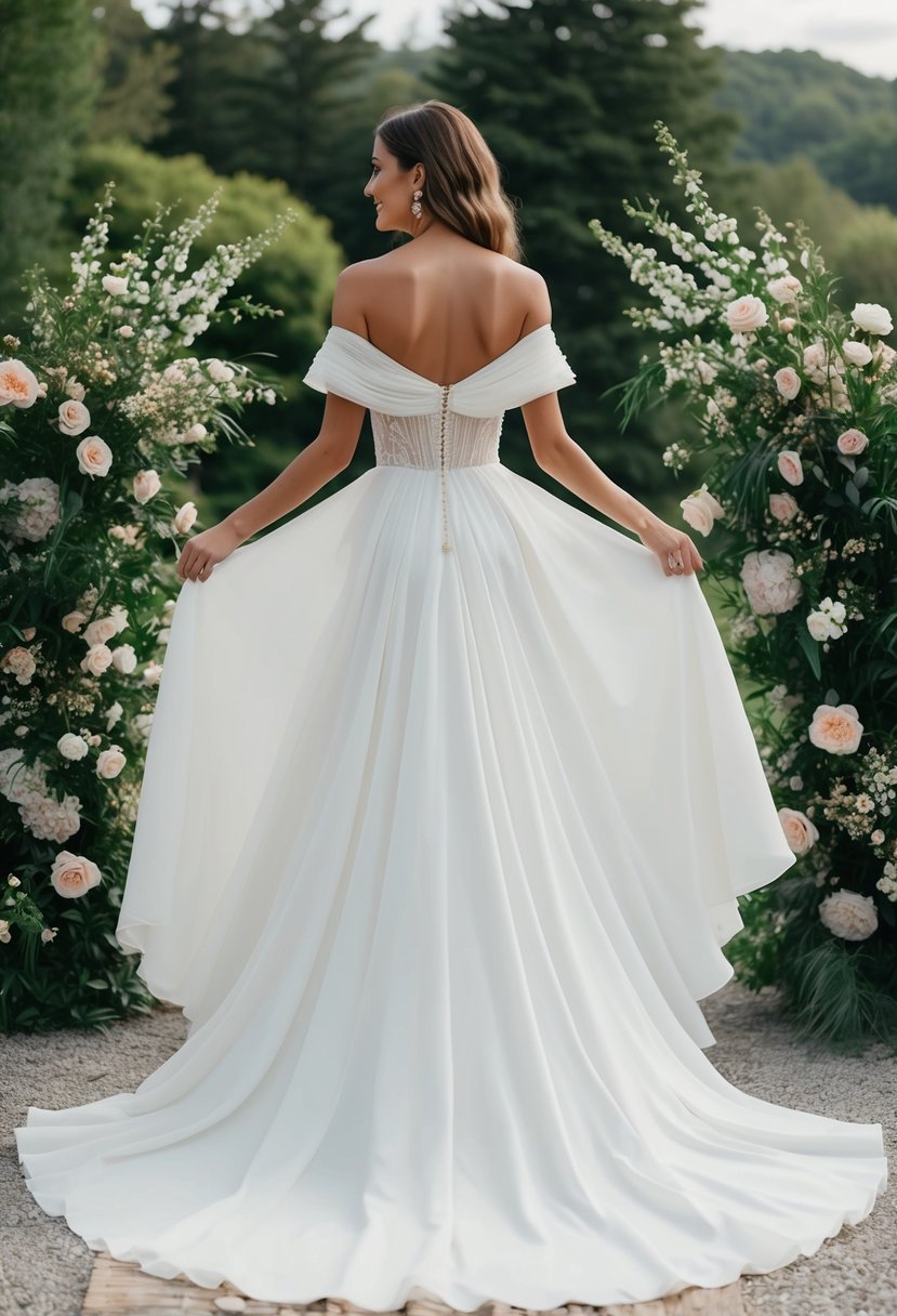 A flowing off-shoulder wedding dress, set against a backdrop of lush greenery and blooming flowers in a romantic elopement setting