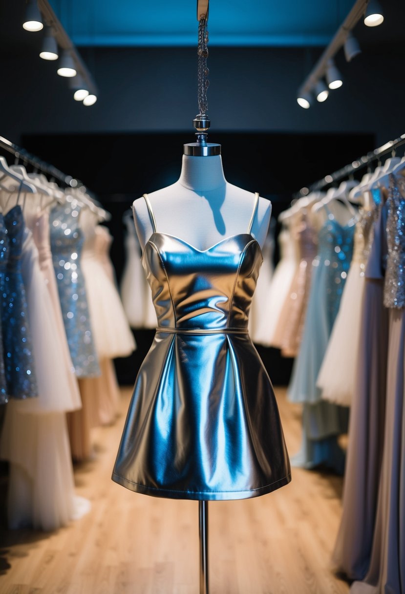 A shiny metallic mini dress hangs on a mannequin in a dimly lit room, surrounded by other glamorous short wedding dress options