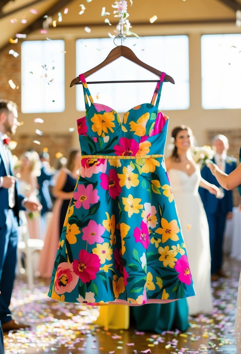 A vibrant floral mini dress hangs on a hanger in a sunlit room, surrounded by scattered confetti from a lively wedding celebration