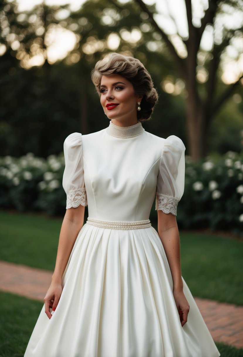 A 1980s-style simple wedding dress with a high neckline, puffy sleeves, and a flowing A-line skirt, adorned with delicate lace and pearl details