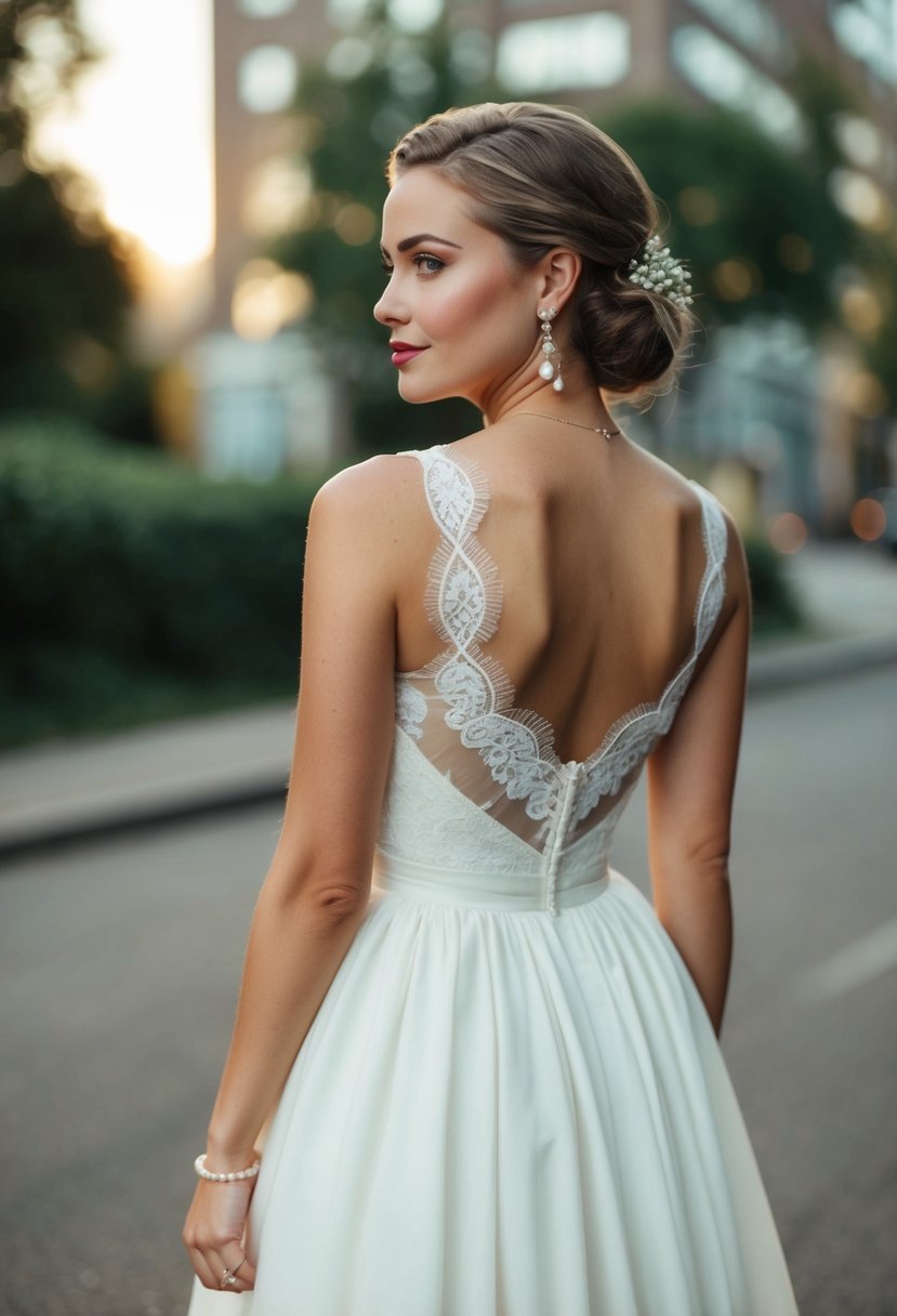 A simple 80s vintage wedding dress with delicate lace straps exudes elegance