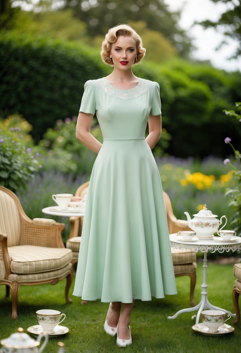 A woman in a 1940s-inspired tea length dress stands in a garden, surrounded by vintage tea cups and saucers. The dress has a simple, elegant design with delicate lace detailing