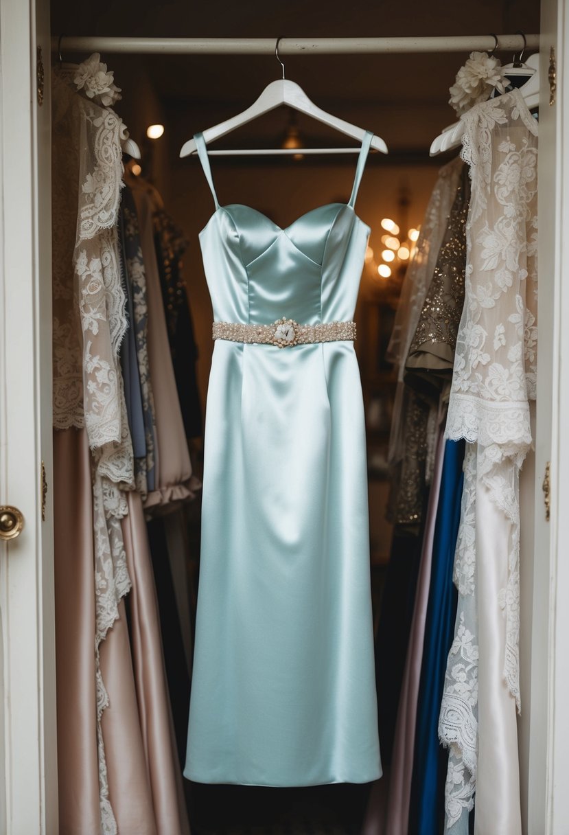 A satin column dress with a beaded belt hangs on a vintage clothing rack, surrounded by soft lighting and delicate lace details