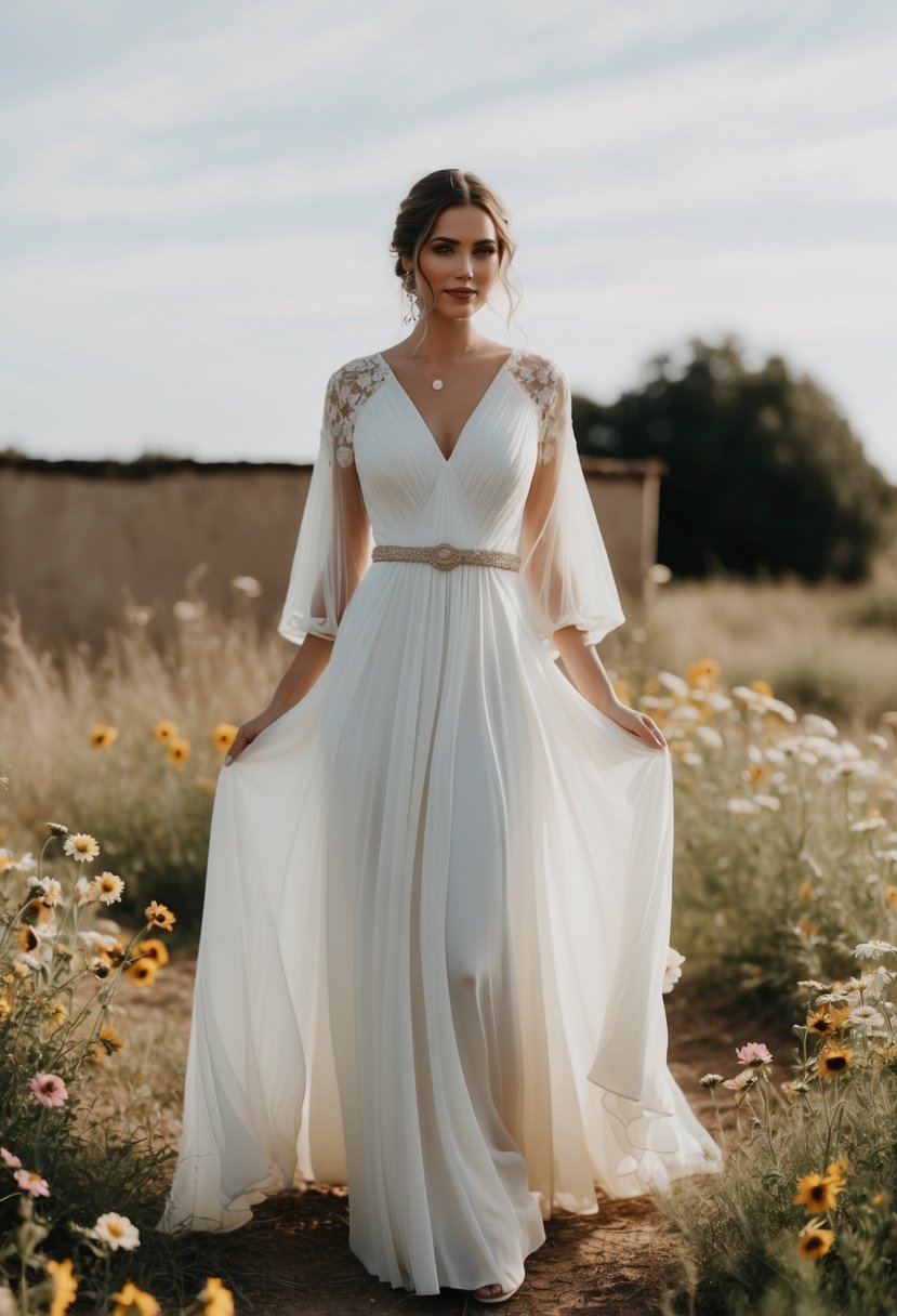 A bride in a flowing 80s vintage wedding dress with bohemian sleeves, standing in a simple outdoor setting with wildflowers and a rustic backdrop