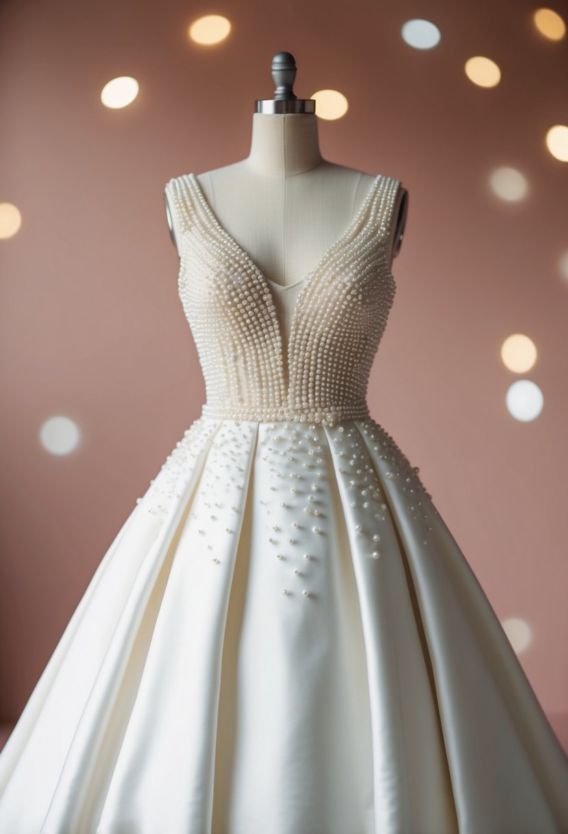 An A-line wedding dress with pearl details on a minimalist 80s vintage design