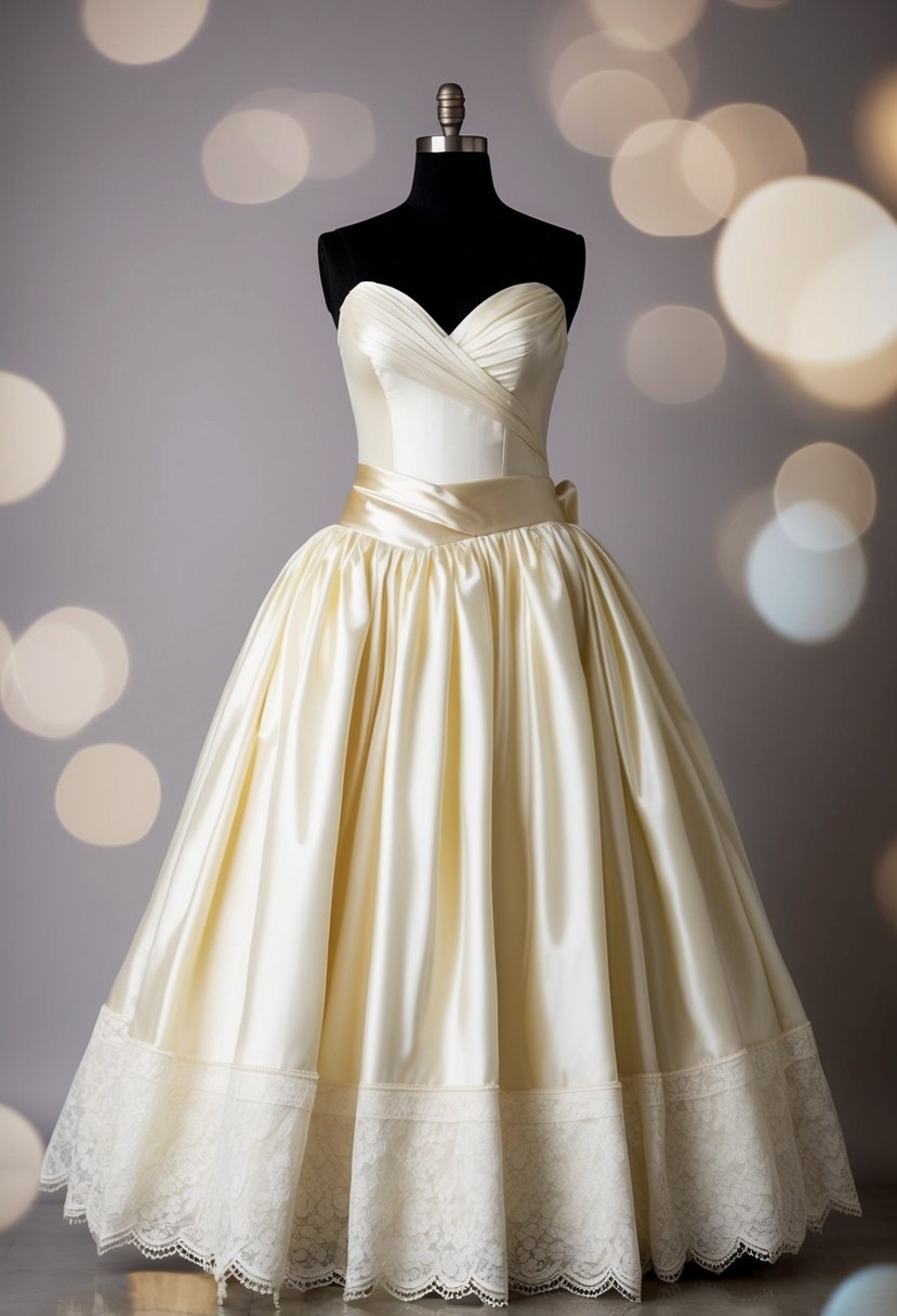 A flowing ivory gown with a delicate lace-trimmed petticoat, accented with a satin sash and a sweetheart neckline, evoking 80s vintage simplicity