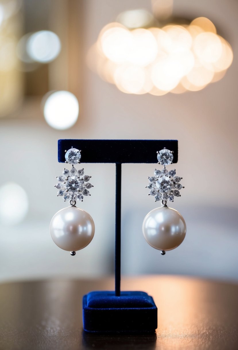 Exquisite diamond and pearl statement earrings displayed on a velvet jewelry stand with soft lighting