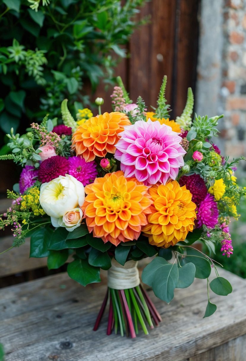 A vibrant dahlia wedding bouquet arranged in a rustic, garden-inspired setting with greenery and other colorful flowers