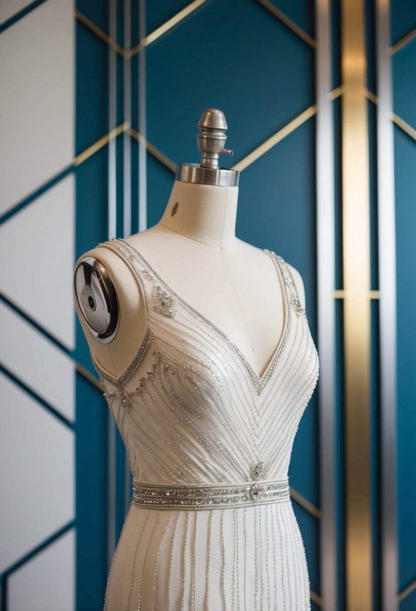 A mannequin wearing an Art Deco beaded sheath 80s vintage wedding dress, with a simple and elegant design, set against a backdrop of geometric patterns and sleek lines