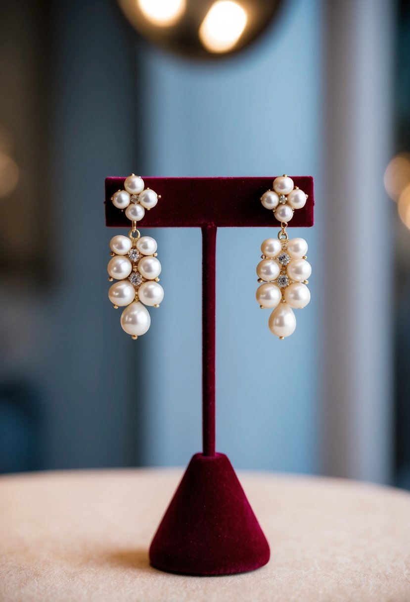 A pair of pearl cluster drop earrings displayed on a velvet jewelry stand, with soft lighting highlighting their elegant design