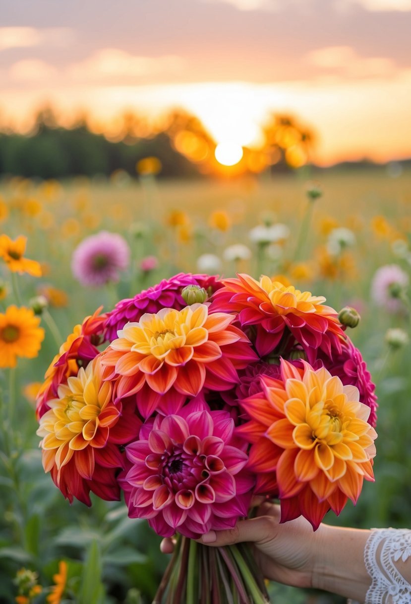 A dahlia wedding bouquet in sunset hues, with warm oranges and deep pinks, set against a backdrop of a golden sunset over a field of wildflowers