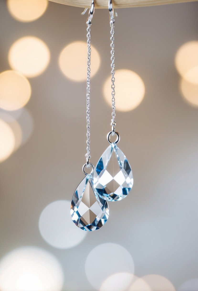 A close-up of elegant crystal teardrop earrings against a soft, blurred background, with beautiful lighting to highlight their sparkle