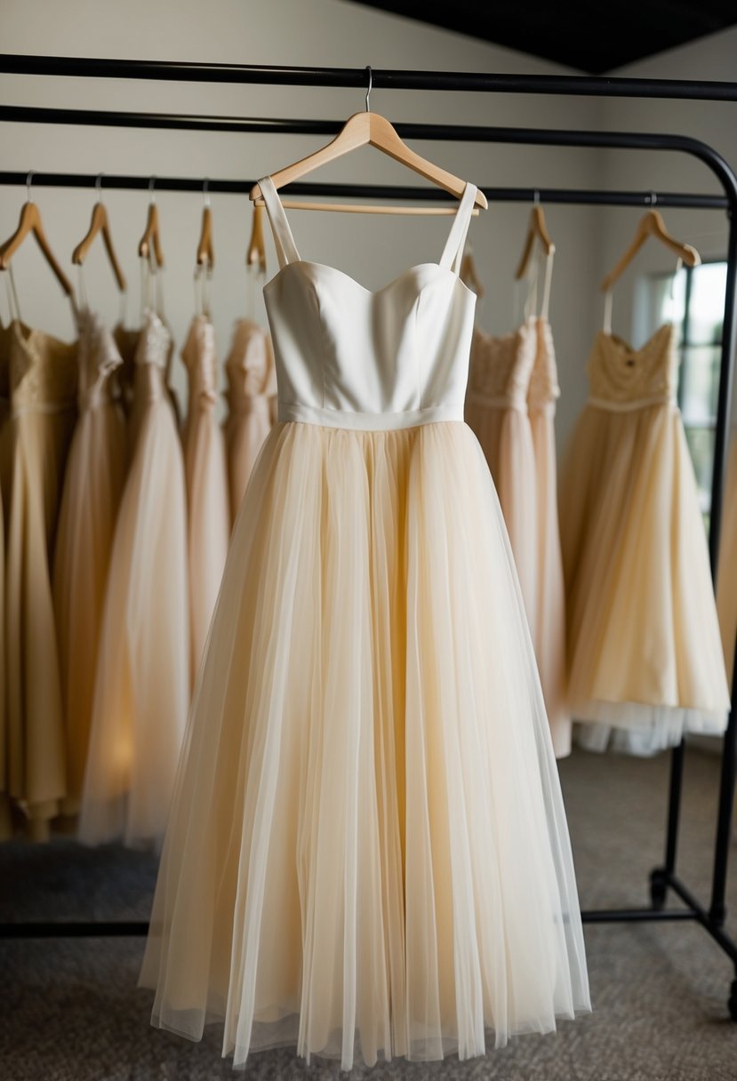 A 1950s-style tulle skirt dress hangs on a vintage clothing rack. Soft lighting highlights its simple, elegant design, perfect for a retro-inspired wedding