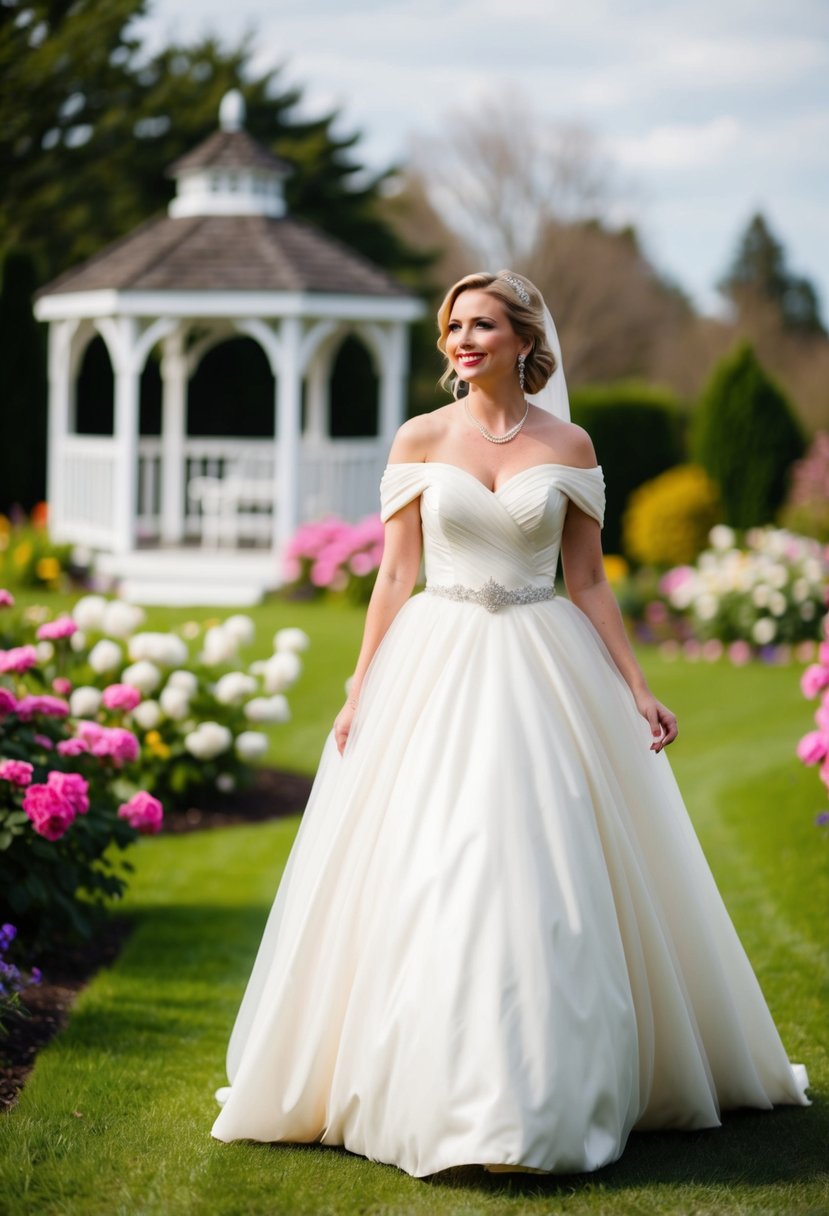 A bride in an off-shoulder 80s vintage gown walking through a garden with blooming flowers and a quaint gazebo in the background