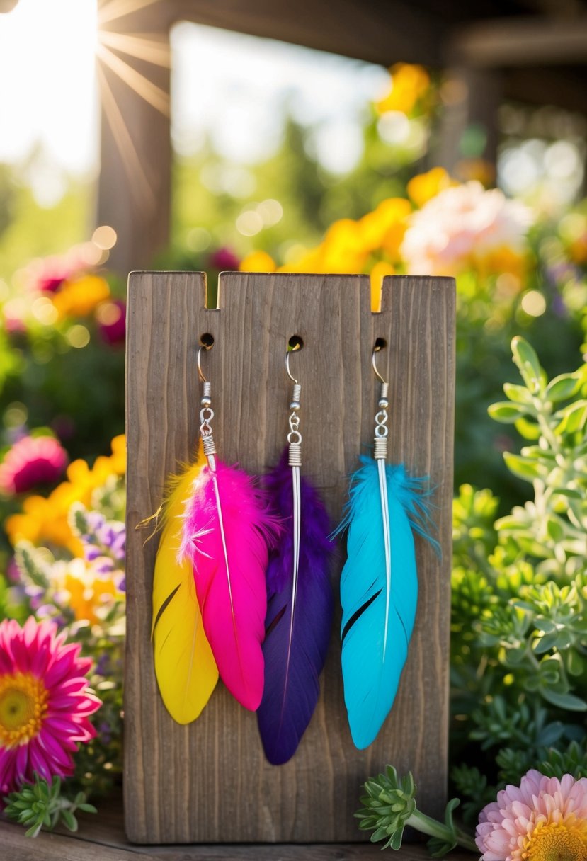 Colorful feather earrings dangle from a rustic wooden display, surrounded by vibrant flowers and greenery. The sunlight casts a warm glow, creating a whimsical and free-spirited atmosphere